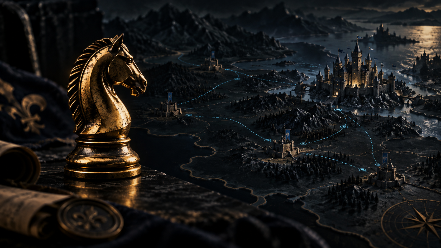A gold chess knight overlooking a dark strategic map
